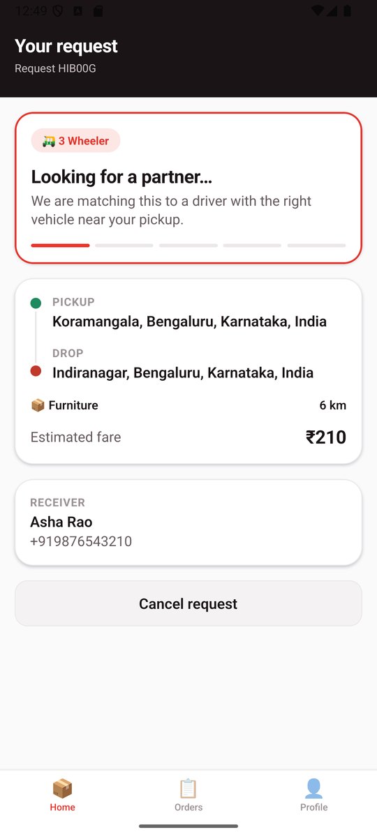 Business app tracking a parcel request