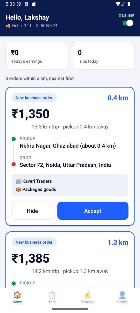 Driver app listing nearby orders, nearest first